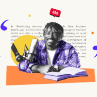 Audiobook narrator smiling under dollar sign symbols, representing earnings from audiobook narration