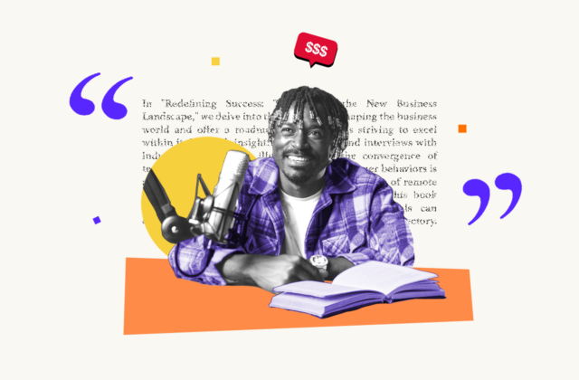 Audiobook narrator smiling under dollar sign symbols, representing earnings from audiobook narration