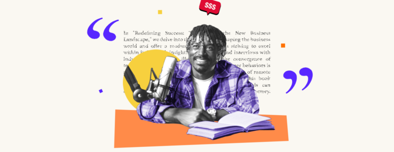 Audiobook narrator smiling under dollar sign symbols, representing earnings from audiobook narration