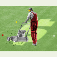 Landscaper mowing a dollar-sign design into a lawn representing how much landscapers make.