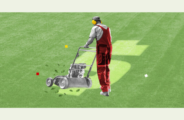 Landscaper mowing a dollar-sign design into a lawn representing how much landscapers make.