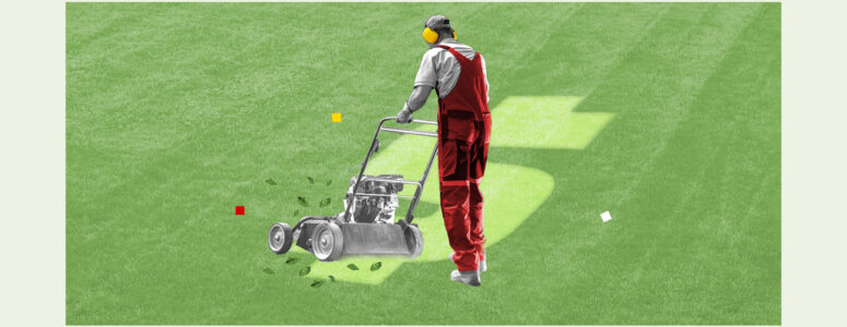 Landscaper mowing a dollar-sign design into a lawn representing how much landscapers make.