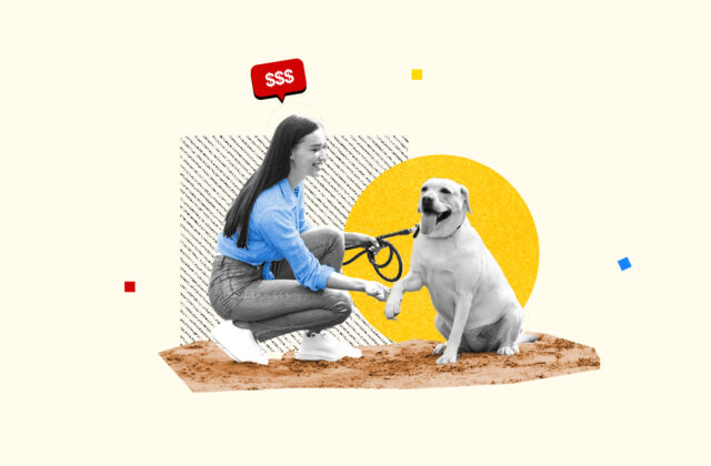 Pet sitter getting paid to care for a happy, white dog