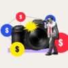 Camera surrounded by dollar signs representing how much photographers make