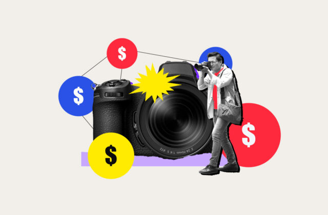 Camera surrounded by dollar signs representing how much photographers make