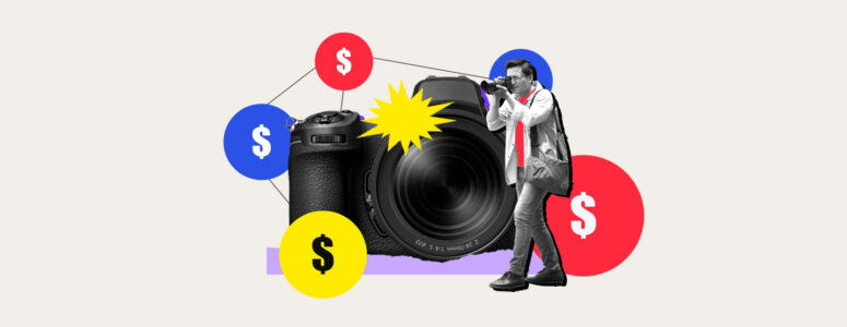Camera surrounded by dollar signs representing how much photographers make