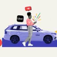 Uber driver alongside car checking how much she made