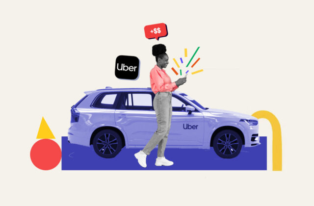 Uber driver alongside car checking how much she made