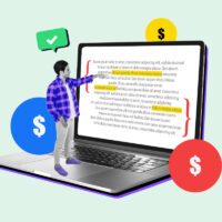 Open laptop with text being proofread, surrounded by dollar signs representing how much proofreaders make