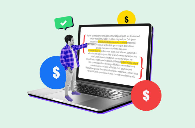 Open laptop with text being proofread, surrounded by dollar signs representing how much proofreaders make