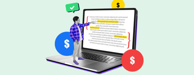 Open laptop with text being proofread, surrounded by dollar signs representing how much proofreaders make