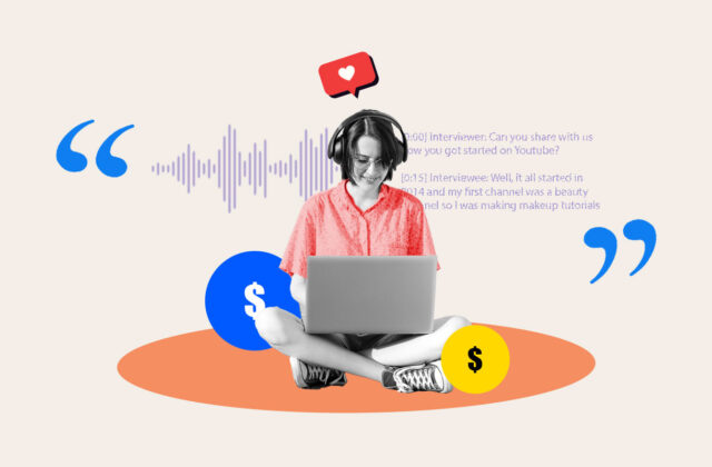 Transcriptionist working at laptop surrounded by dollar signs representing how much a transcription side hustle pays
