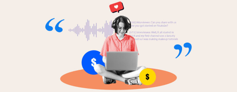 Transcriptionist working at laptop surrounded by dollar signs representing how much a transcription side hustle pays