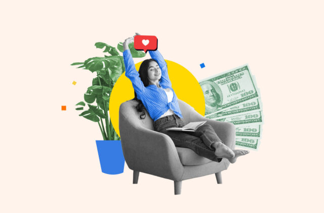 Woman sitting on a chair and stretching against a background of dollar bills representing affording to live alone