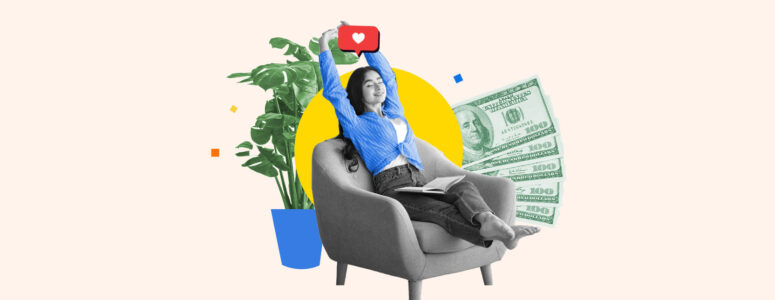 Woman sitting on a chair and stretching against a background of dollar bills representing affording to live alone