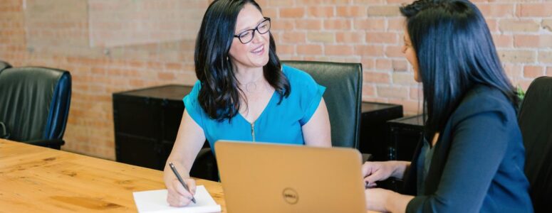 Professional consultant sitting in a meeting room with a client, with a laptop, notepad, and pen on the table