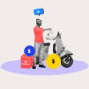 DoorDash driver next to a scooter surrounded by deliveries
