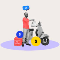 DoorDash driver next to a scooter surrounded by deliveries