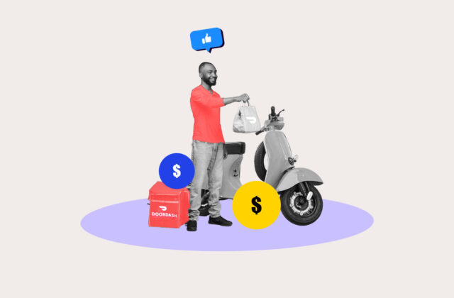 DoorDash driver next to a scooter surrounded by deliveries