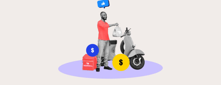 DoorDash driver next to a scooter surrounded by deliveries