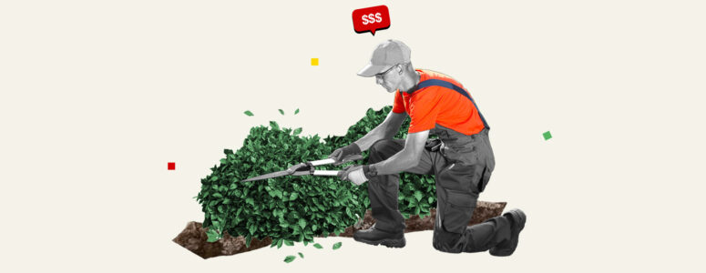 Professional landscaper trimming a hedge.