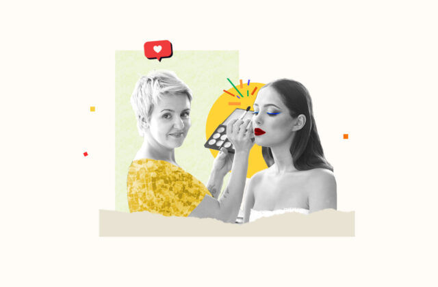 Part-time makeup artist touching up a client's makeup