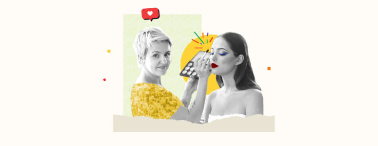 Part-time makeup artist touching up a client's makeup