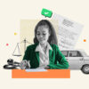 Part-time mobile notary sitting and notarizing a document with a car in the background