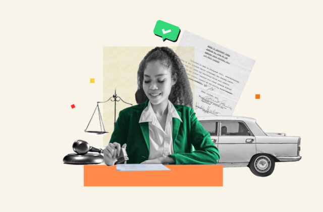 Part-time mobile notary sitting and notarizing a document with a car in the background