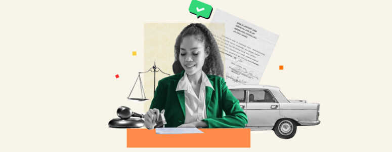 Part-time mobile notary sitting and notarizing a document with a car in the background