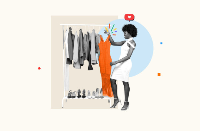 Illustration of a professional personal stylist in a white dress pulling an orange dress out of a closet