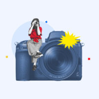 Photographer sitting on top of a camera and taking a picture