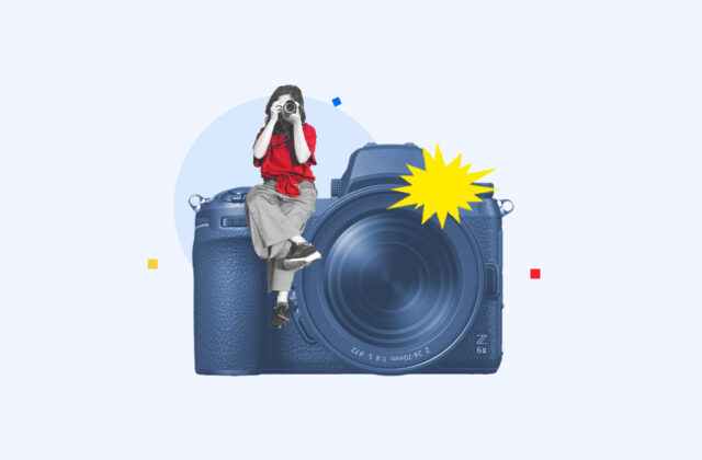 Photographer sitting on top of a camera and taking a picture