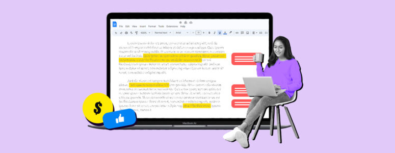Freelance proofreader sitting next to a large tablet screen with a project in progress