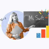 Substitute teacher pointing at a blackboard with her name on it