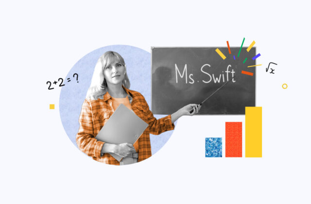 Substitute teacher pointing at a blackboard with her name on it