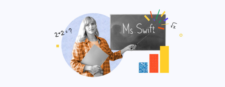 Substitute teacher pointing at a blackboard with her name on it