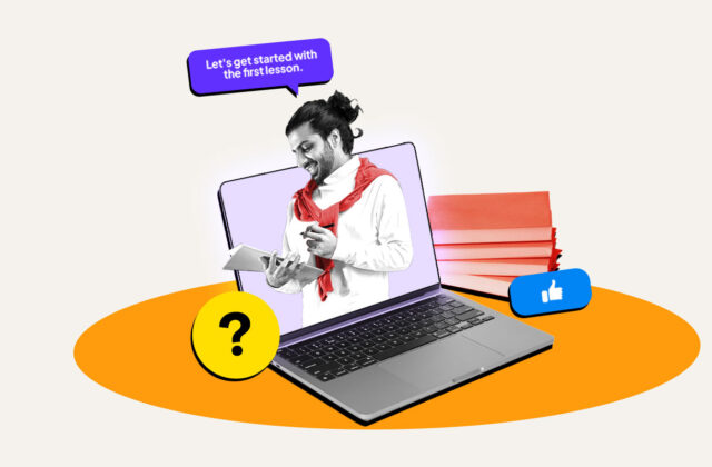 Online tutor popping out of a laptop screen