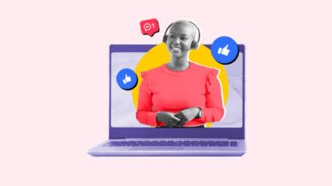 Woman popping out of laptop screen representing becoming a virtual assistant