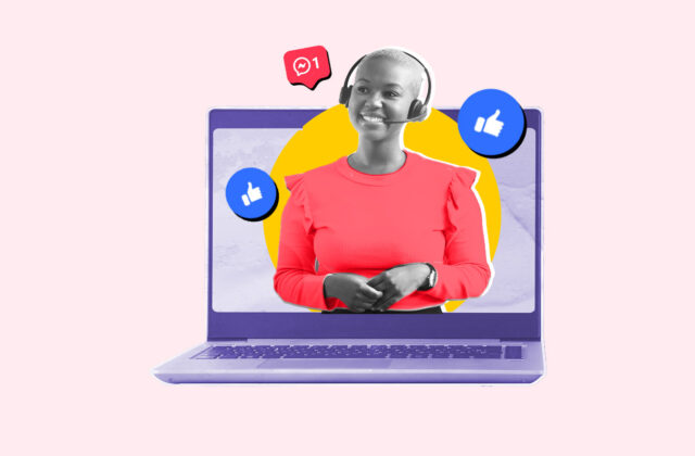 Woman popping out of laptop screen representing becoming a virtual assistant