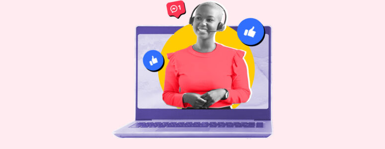 Woman popping out of laptop screen representing becoming a virtual assistant