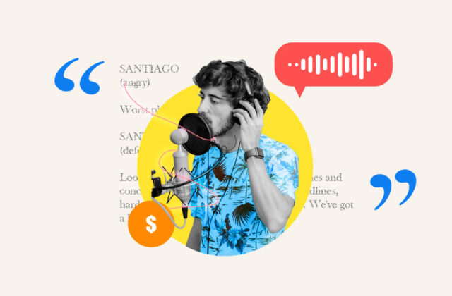 Man speaking into a microphone representing starting a voice acting side hustle