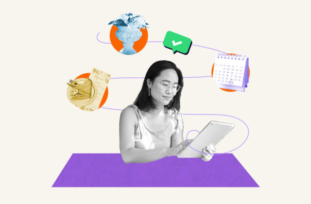 Woman looking at a tablet and doing work for her event planning side hustle
