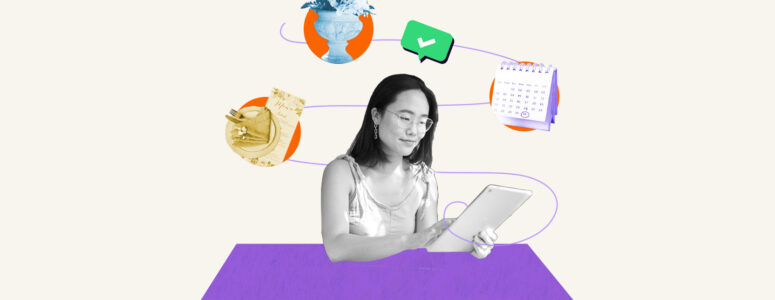 Woman looking at a tablet and doing work for her event planning side hustle
