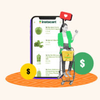Instacart shopper standing with a shopping cart next to a phone showing the app