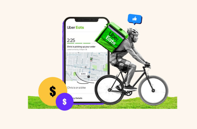 Uber Eats delivery person on bicycle next to an oversized phone with an order on the screen