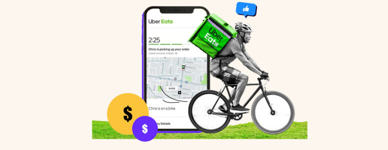 Uber Eats delivery person on bicycle next to an oversized phone with an order on the screen
