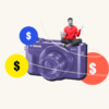 New photographer sitting on oversized camera decorated with money signs