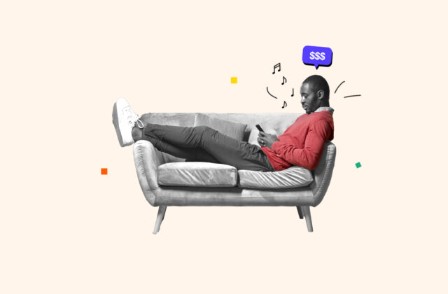 Man sitting on his couch earning money by doing nothing