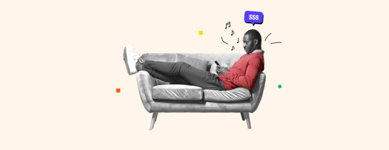 Man sitting on his couch earning money by doing nothing